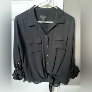 Investments brand roll tab tie front blouse black with gold button details PL